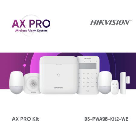 Kit de alarma wireless AX PRO Middle Level DS-PWA96-Kit2-WE contine: 1 x DS-PWA96-M-WE (96 zones wireless control panel), 2 x DS