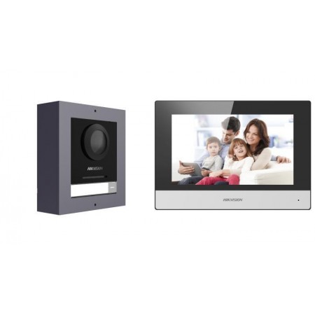 Kit videointercom IP Hikvision DS-KIS602(B), contine: DS-KD8003- IME1(B)/Surface × 1, DS-KH6320-WTE1 × 1, 4-port standard PoE sw