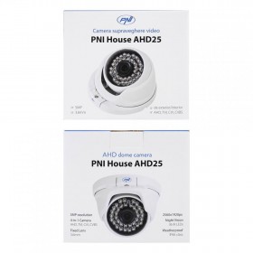 Camera supraveghere video PNI House AHD25 5MP, dome, lentila 3.6mm, 36 LED-uri IR, de exterior sau interior, IP66, Sistem TV: PA