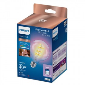 Bec LED RGB inteligent Philips Filament Globe G95, Wi-Fi, E27, 6.3W (40W), 470 lm, lumina alba si color (2200-6500K)